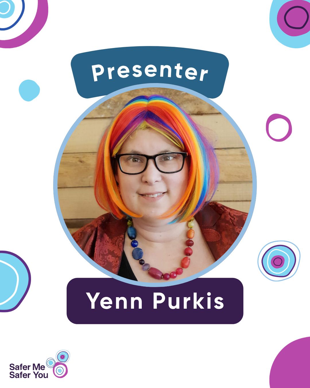 Next in our incredible Big Meeting line-up are two members of the SMSY project advisory group.

Canberra’s own author, advocate, and TEDx presenter, Yenn Purkis. Yenn brings over 20 years of experience in the disability advocacy space and 17 years of public service experience to their speech, ‘Making safer spaces: insights from lived experience’. 

Travelling all the way from Albury, we have advocate, volunteer, and toastmaster, Kate Fiedler. Living independently in a rural community for 15 years, Kate shares her expertise and experiences in her speech ‘The road less travelled’. 

See Yenn and Kate in person at the ANU on 23 June or watch online. 

Tickets: SaferMeSaferYou.org.au

Tile 1: A white tile with pink, green, blue, and purple circles with a photo of Yenn Purkis and text that reads “Presenter. Yenn Purkis”.

Tile 2: A white tile with blue, pink, green, and blue circles with a photo of Kate Fiedler with text that reads “Presenter. Kate Fiedler”.